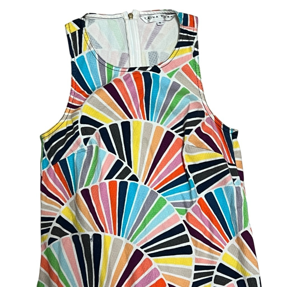 Trina Turk Multicolor Fan Print Sheath Dress Sleeveless Pockets Cotton Size 4 - Picture 14 of 16